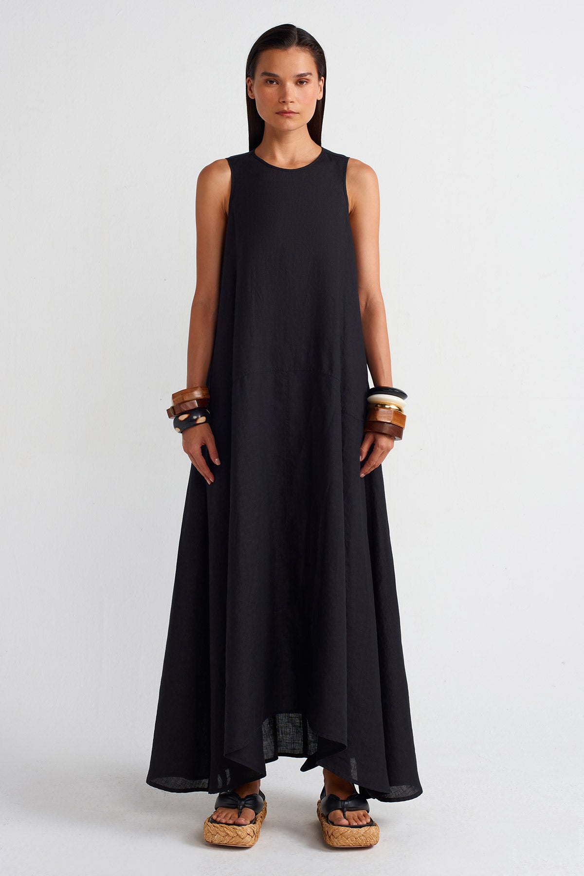 Black Pocketed Long Linen Dress-Y254014073