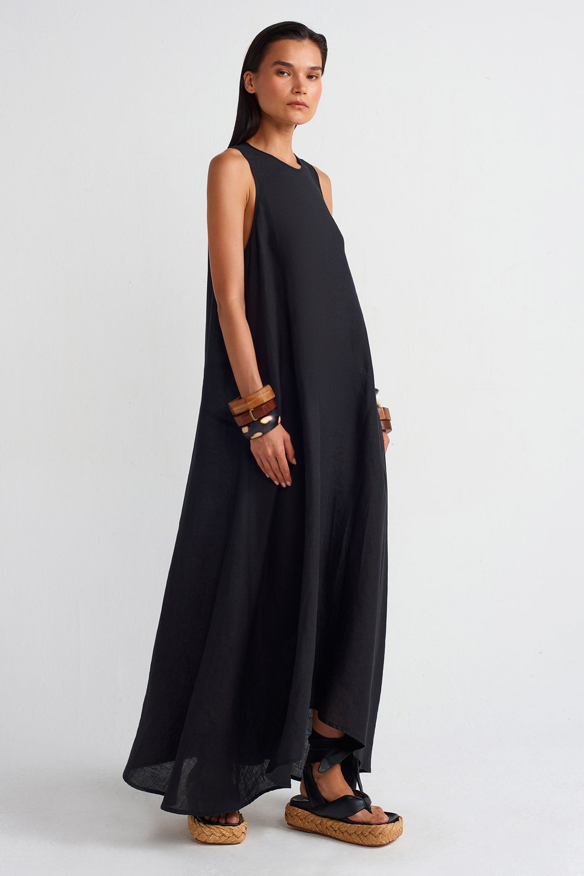 Black Pocketed Long Linen Dress-Y254014073