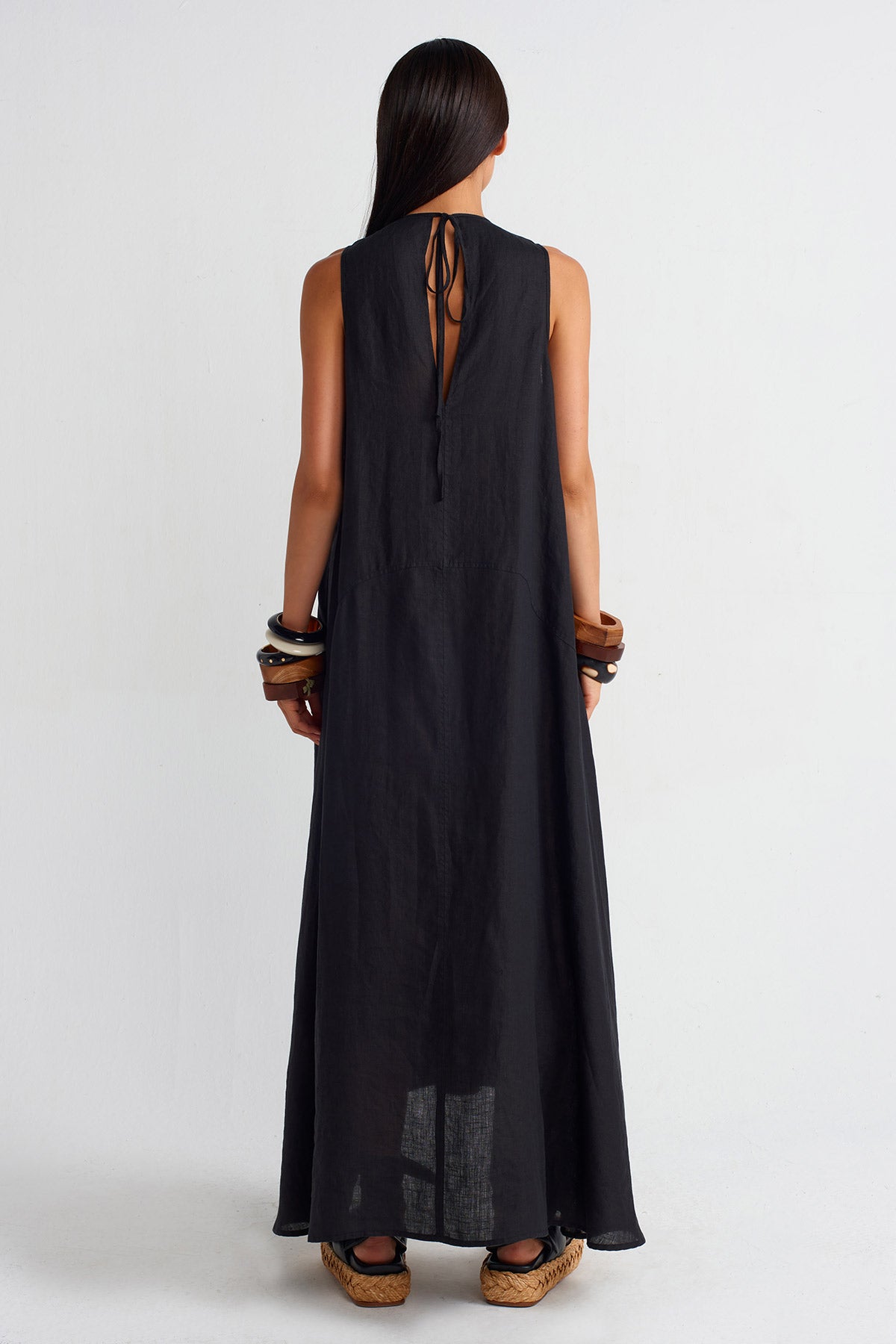 Black Pocketed Long Linen Dress-Y254014073