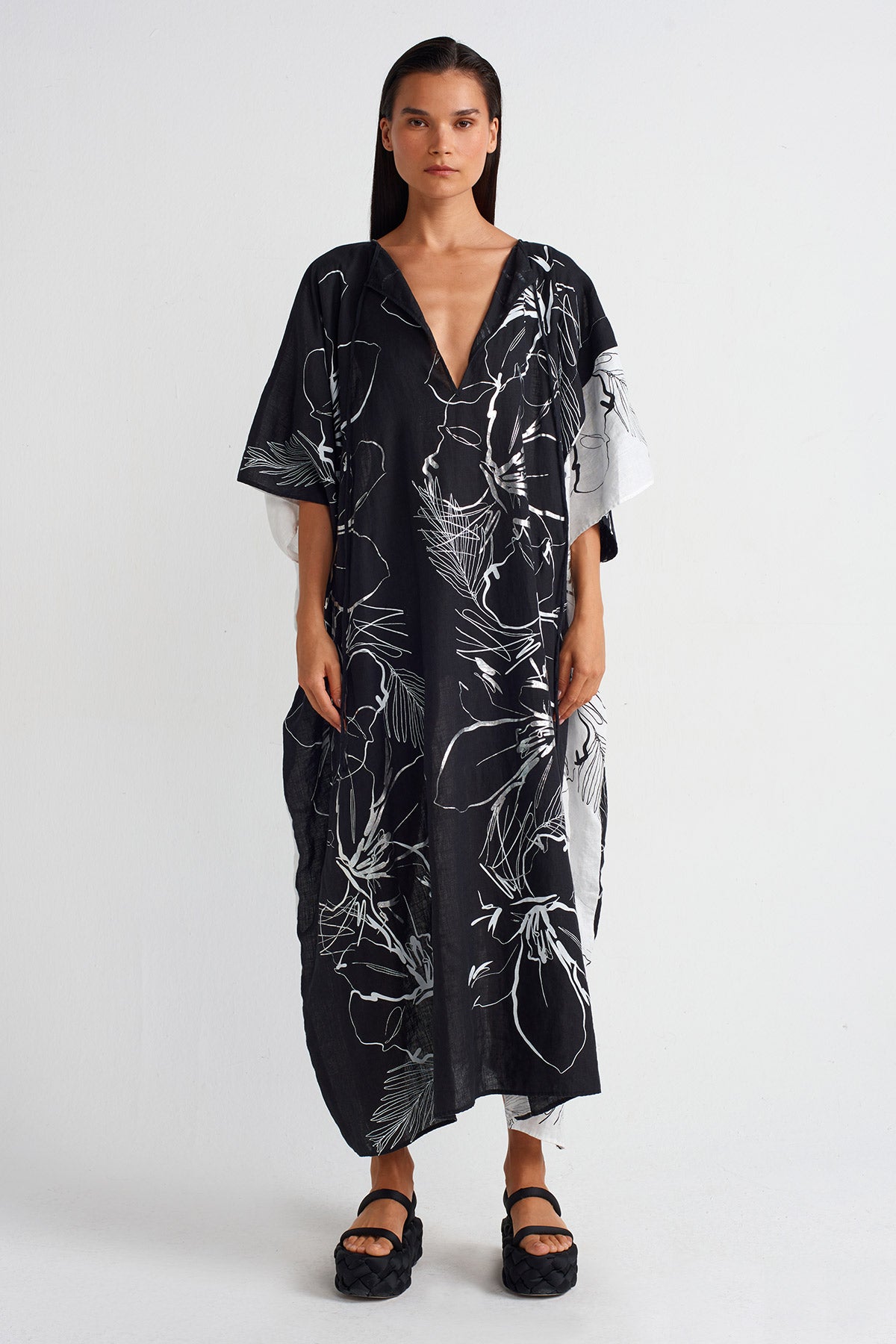 White / Black Printed Linen Kaftan Dress-Y254014075