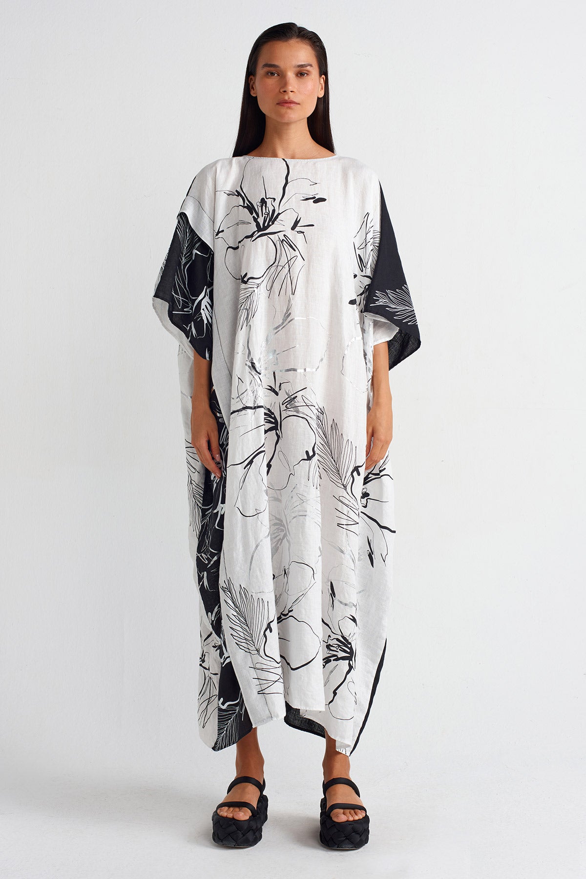 White / Black Printed Linen Kaftan Dress-Y254014075