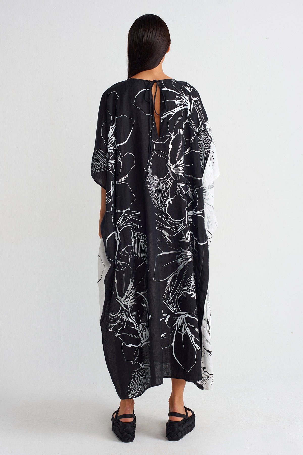 White / Black Printed Linen Kaftan Dress-Y254014075