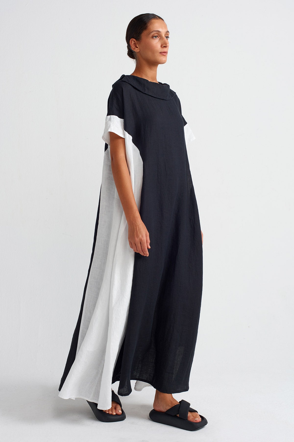 Black / White Color Block Linen Dress-Y254014078