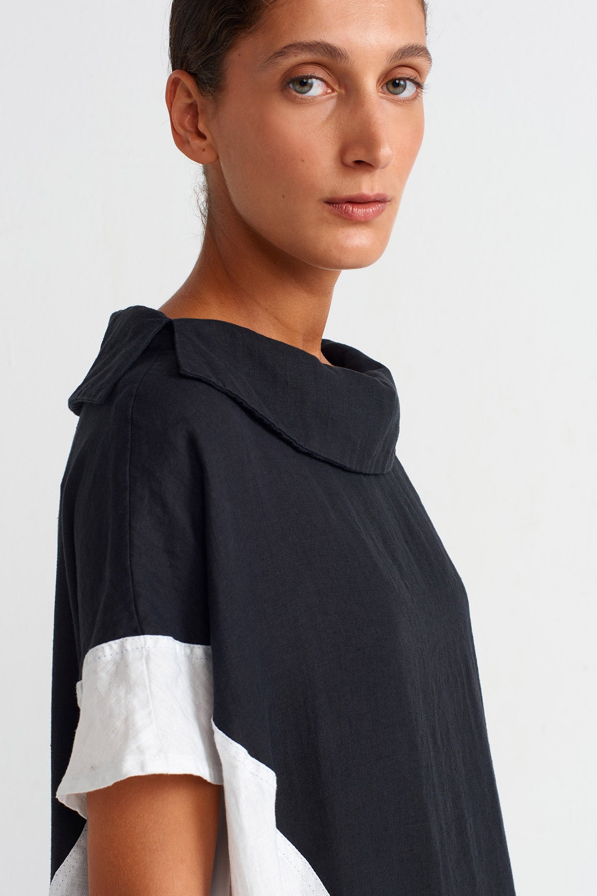 Black / White Color Block Linen Dress-Y254014078