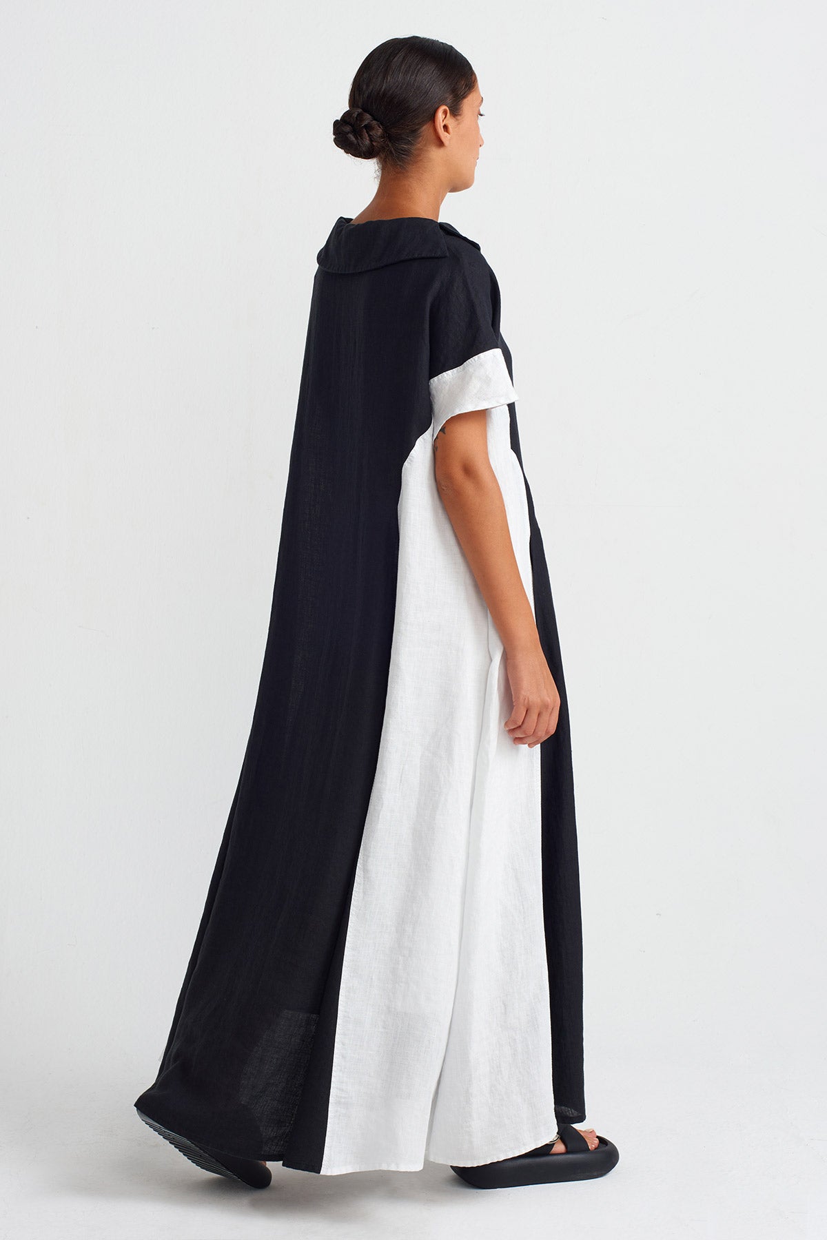 Black / White Color Block Linen Dress-Y254014078