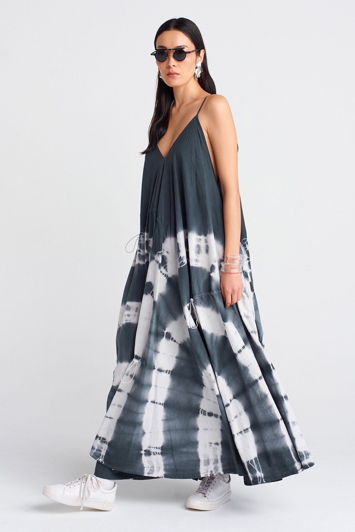 Dark Grey Tie-Dye Effect Spaghetti Strap Maxi Dress-Y254014084