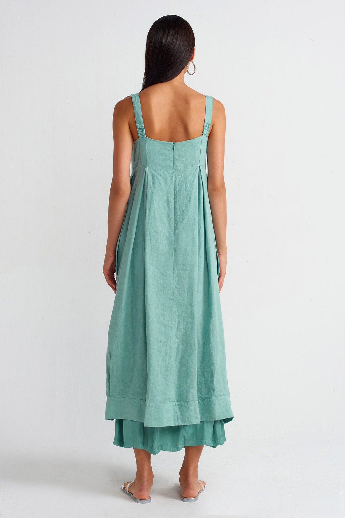 Turquoise Strappy Linen and Satin Combination Dress-Y254014089