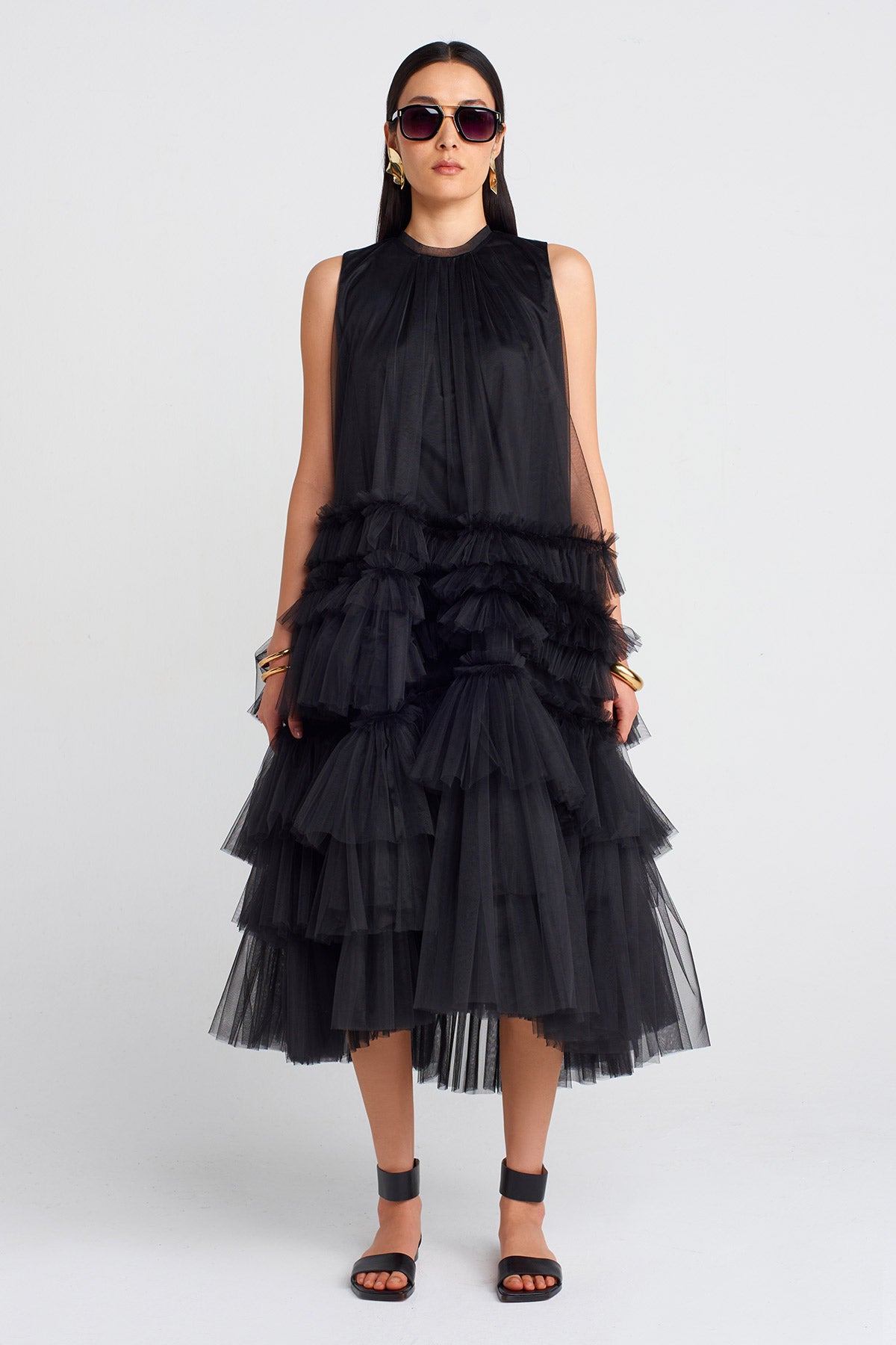Black Ruffled Puffy Tulle Dress-Y254014117