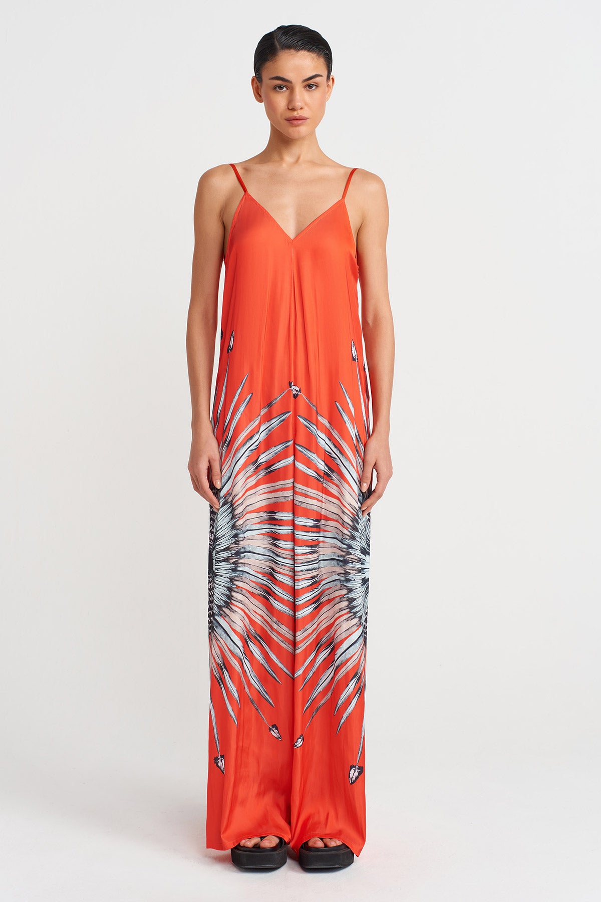 Red Printed Thin Strap Jumpsuit-Y254014138