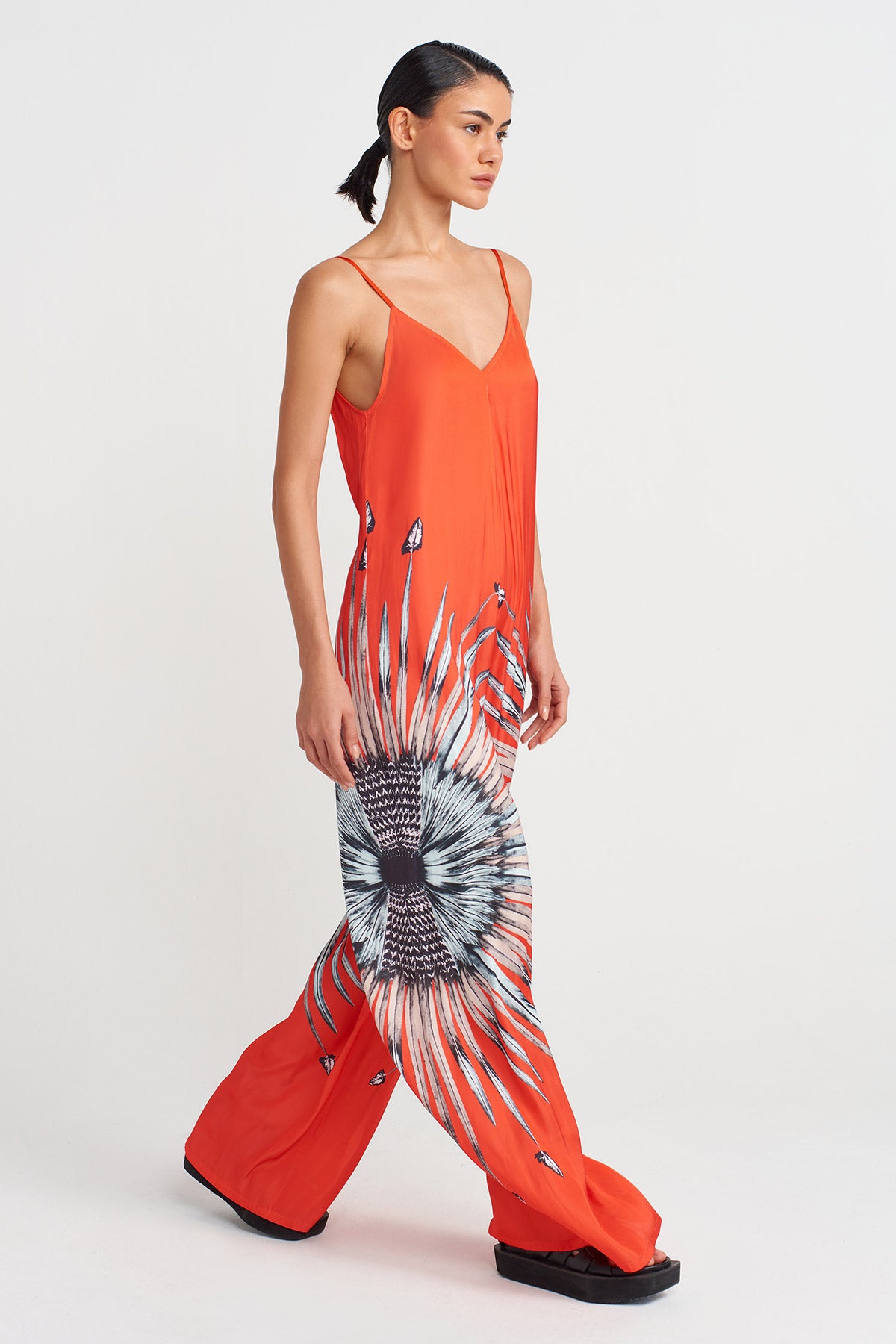 Red Printed Thin Strap Jumpsuit-Y254014138