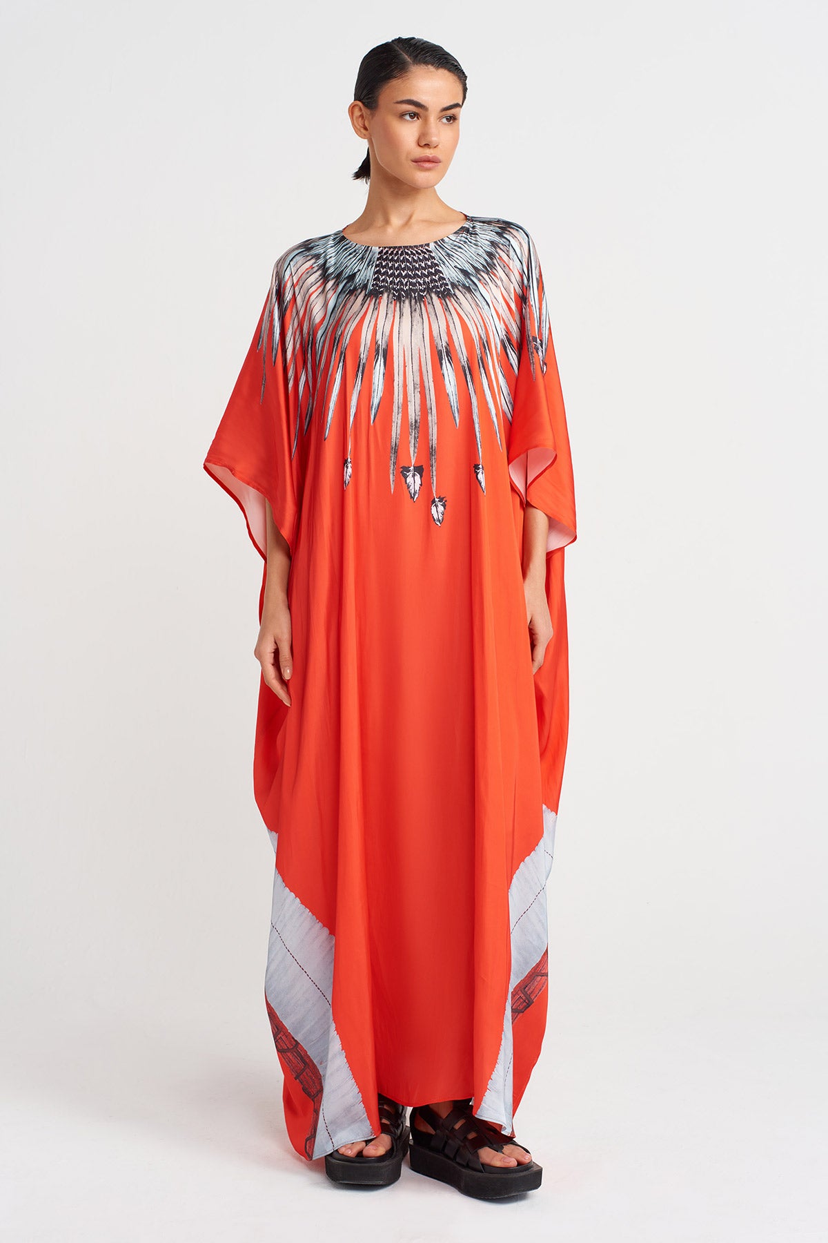Red Printed Satin Kaftan Dress-Y254014139