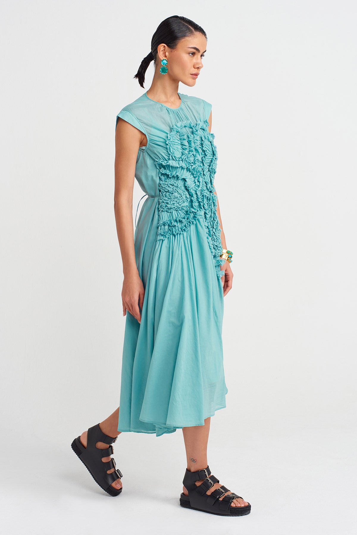 Turquoise Embroidery Stitch Voile Dress-Y254014140