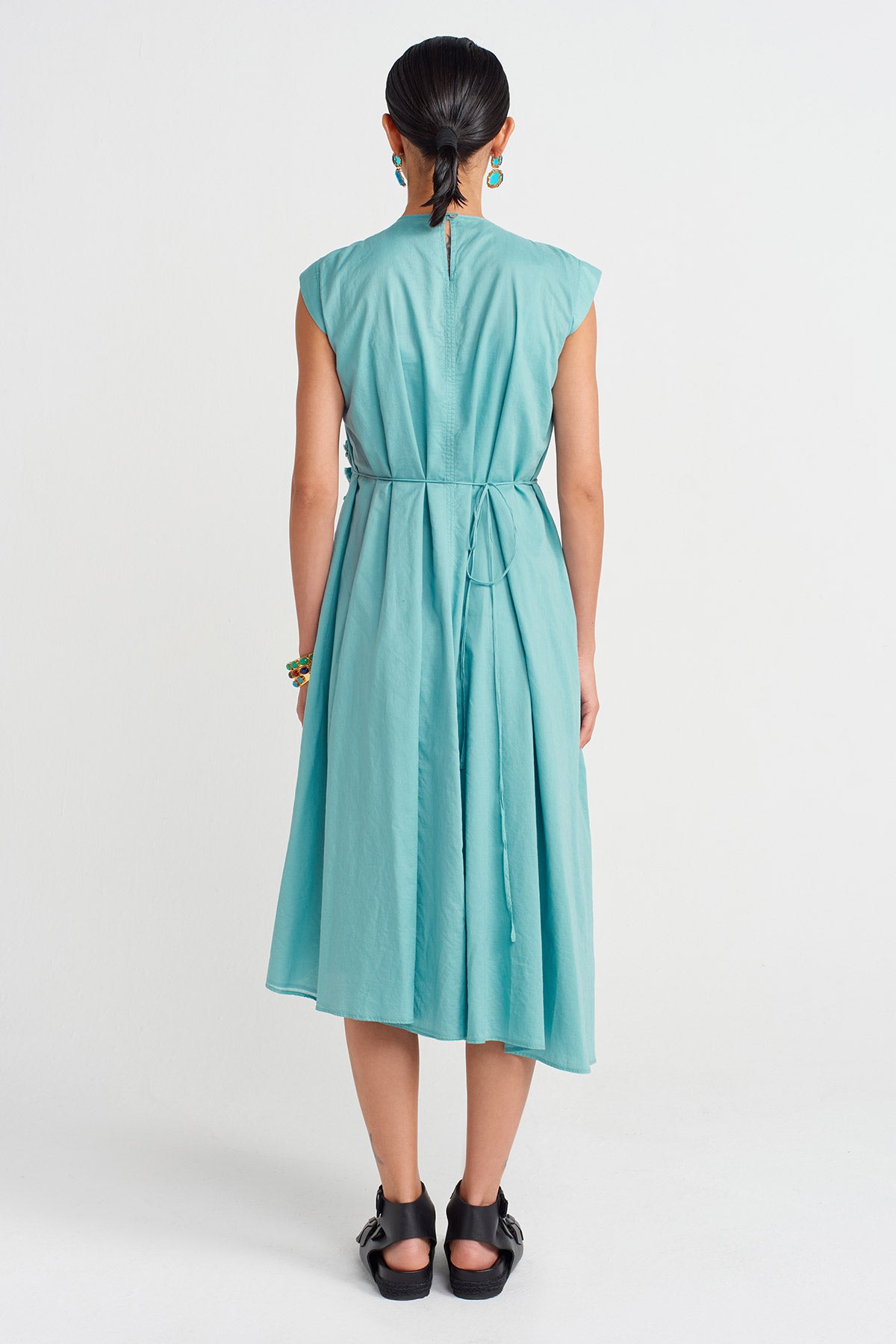 Turquoise Embroidery Stitch Voile Dress-Y254014140