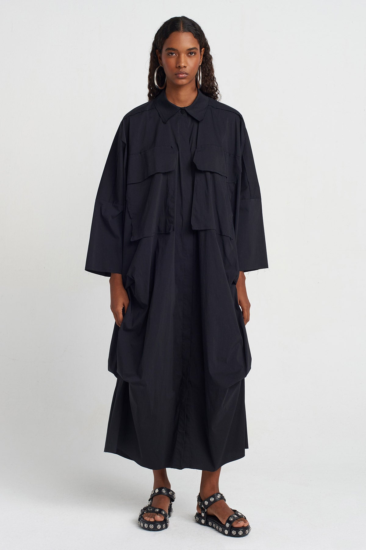 Black Pocketed Shirt Dress-Y254014142