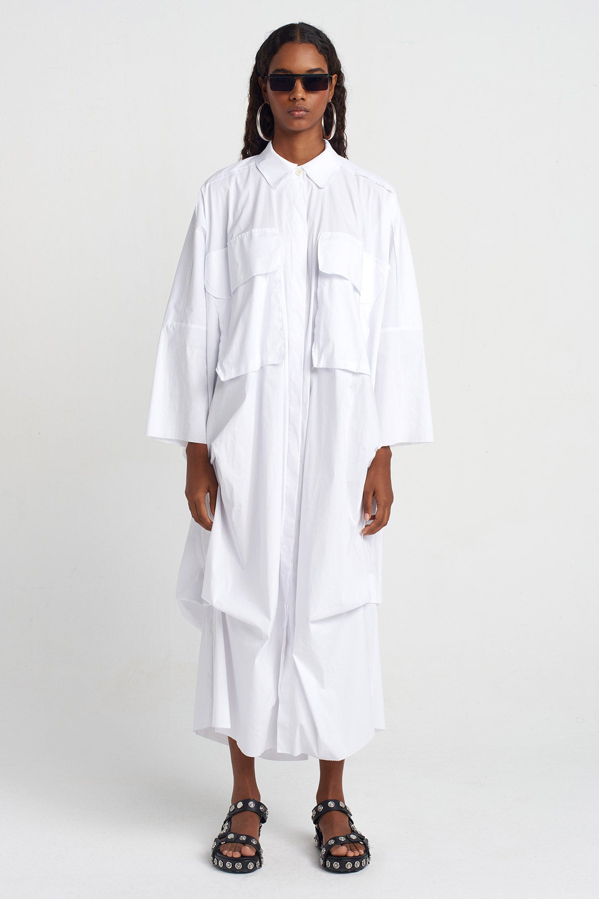 Off White Pocketed Shirt Dress-Y254014142