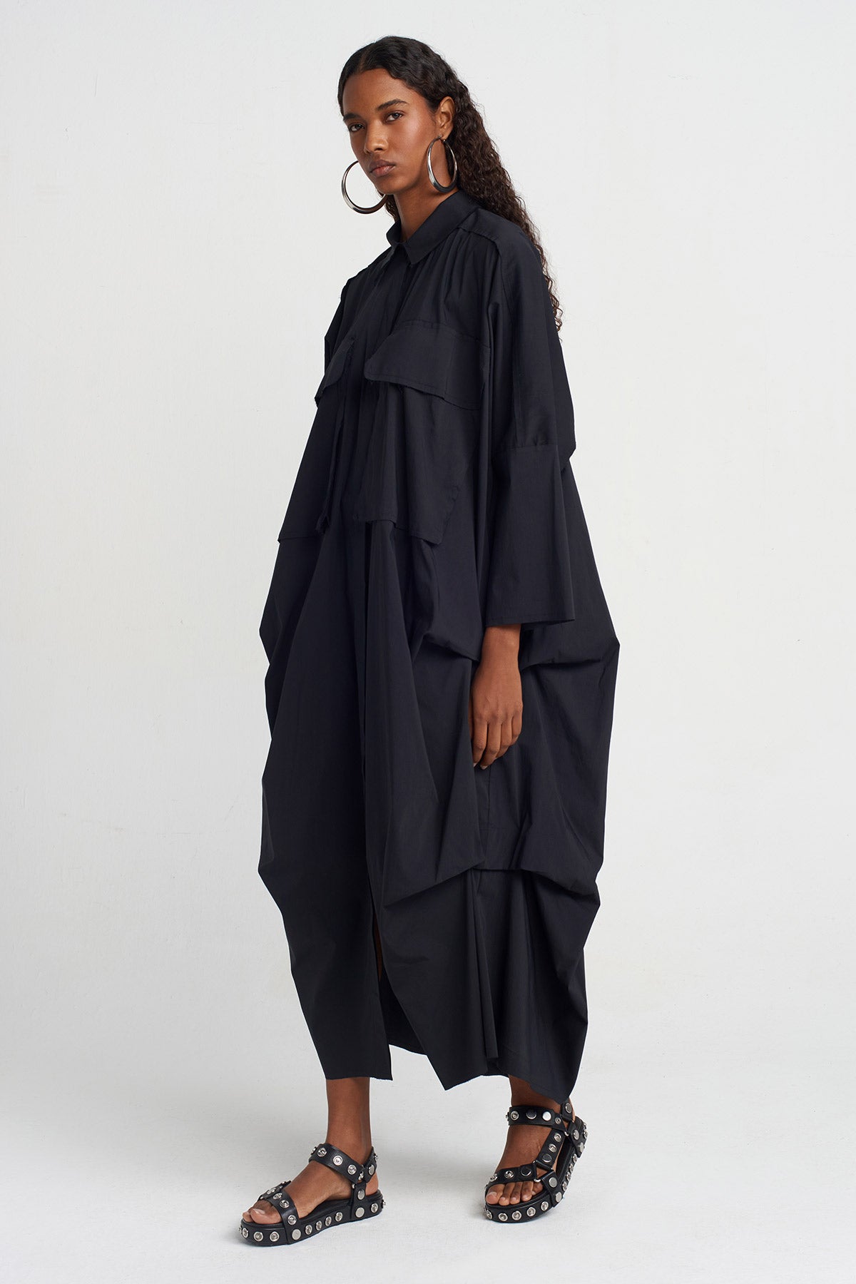 Black Pocketed Shirt Dress-Y254014142