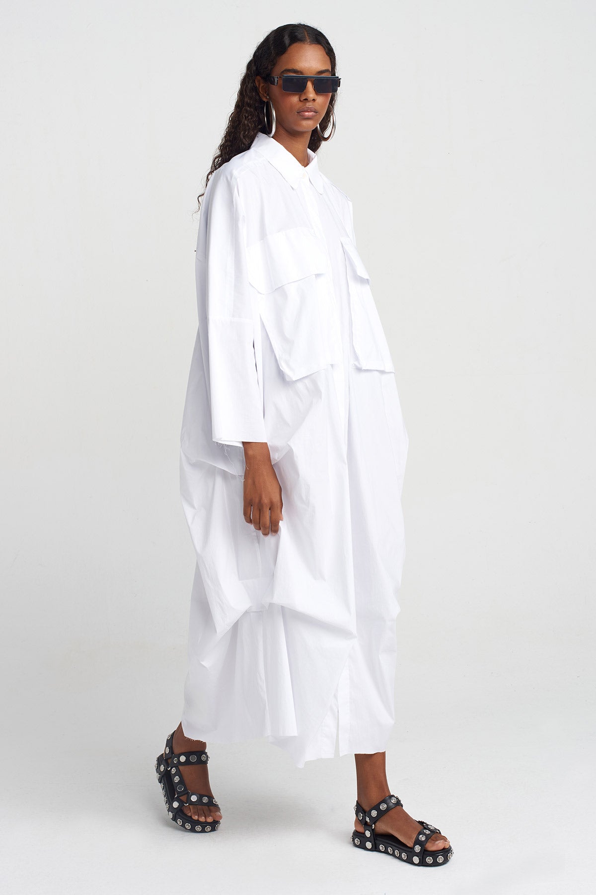 Off White Pocketed Shirt Dress-Y254014142