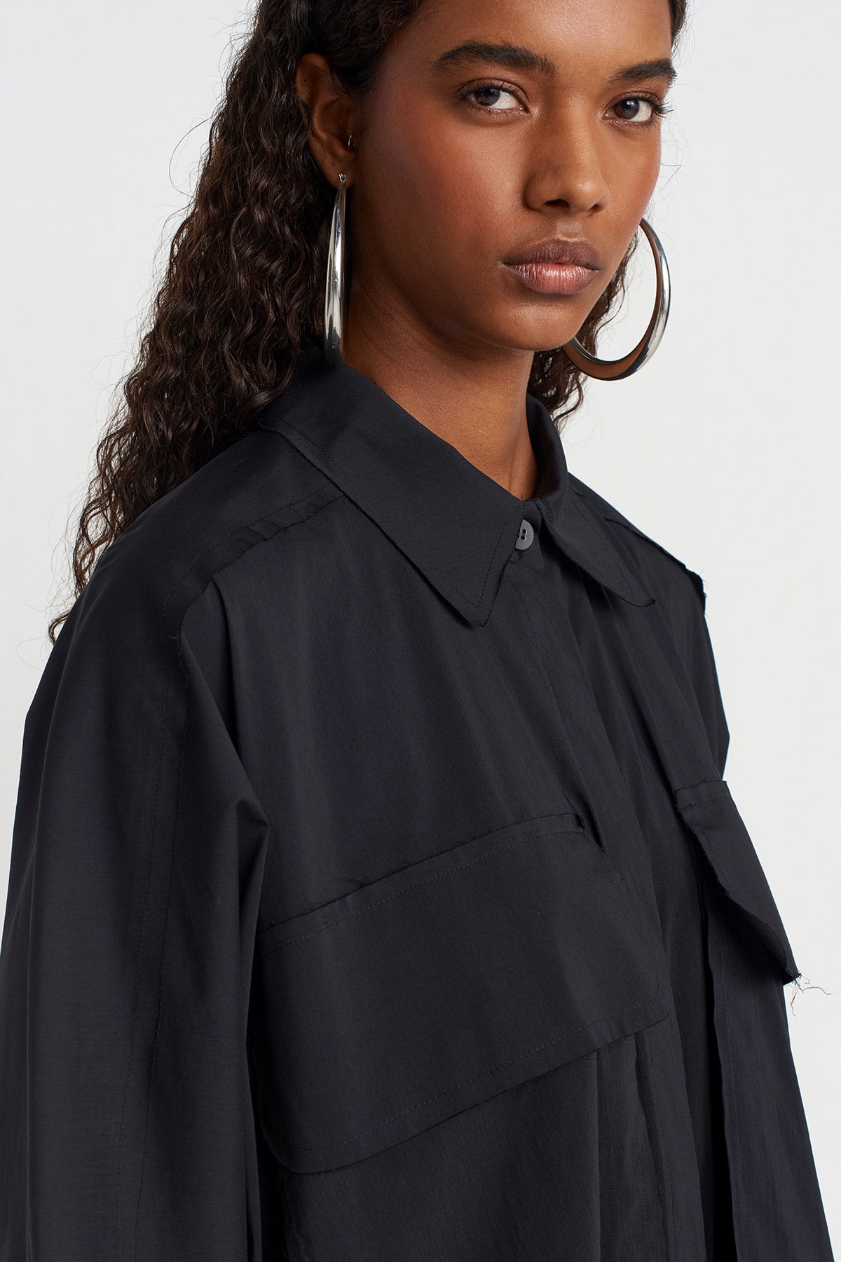 Black Pocketed Shirt Dress-Y254014142