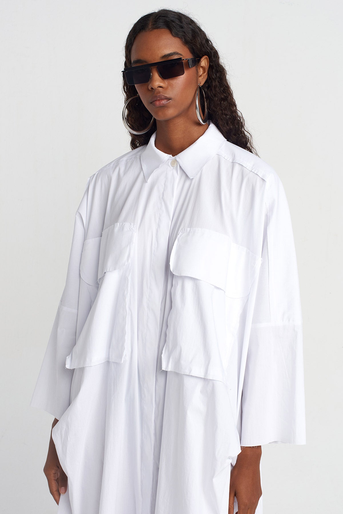 Off White Pocketed Shirt Dress-Y254014142
