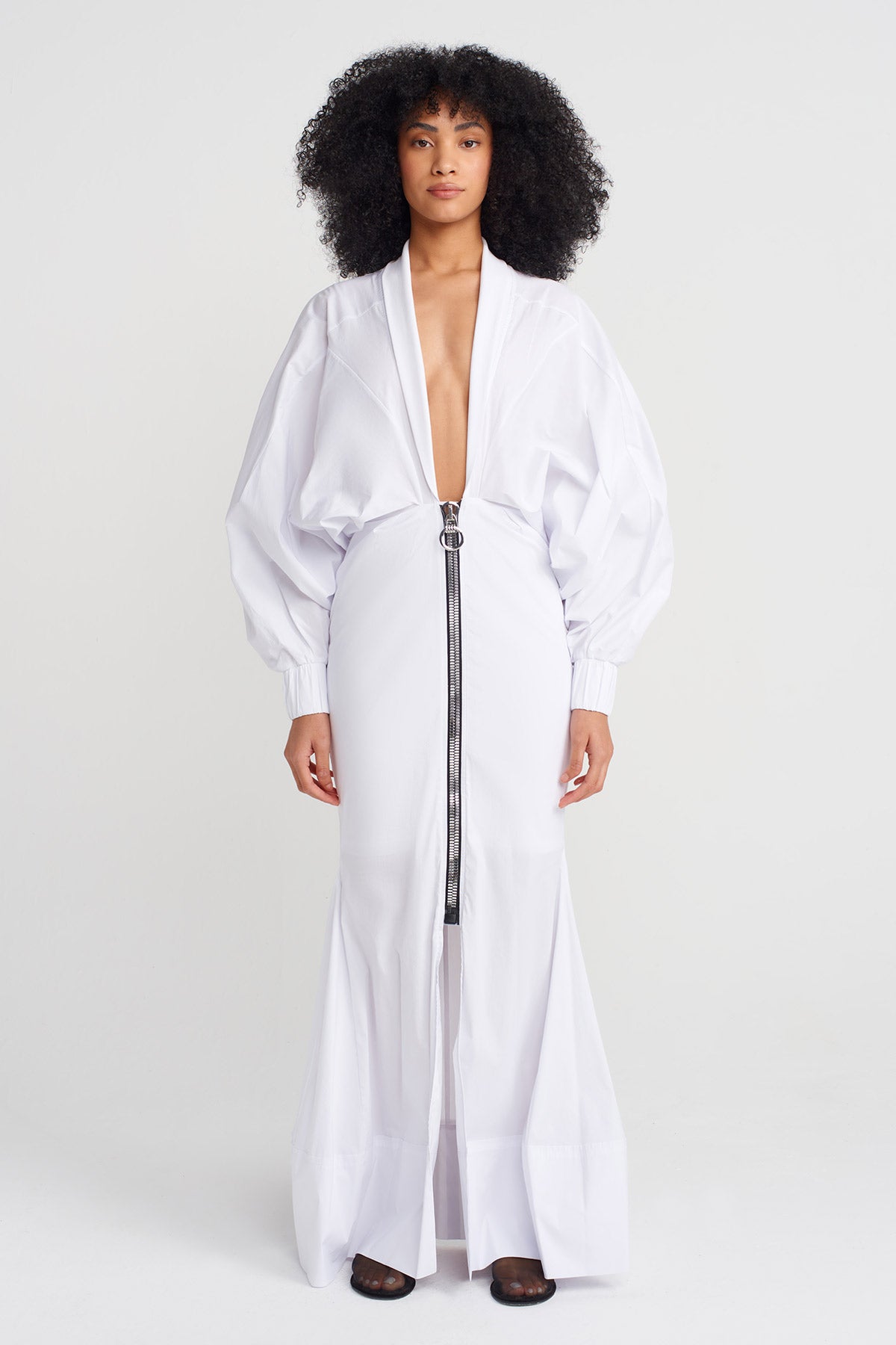 Off White Zipped Fitted Waist Dress-Y254014143