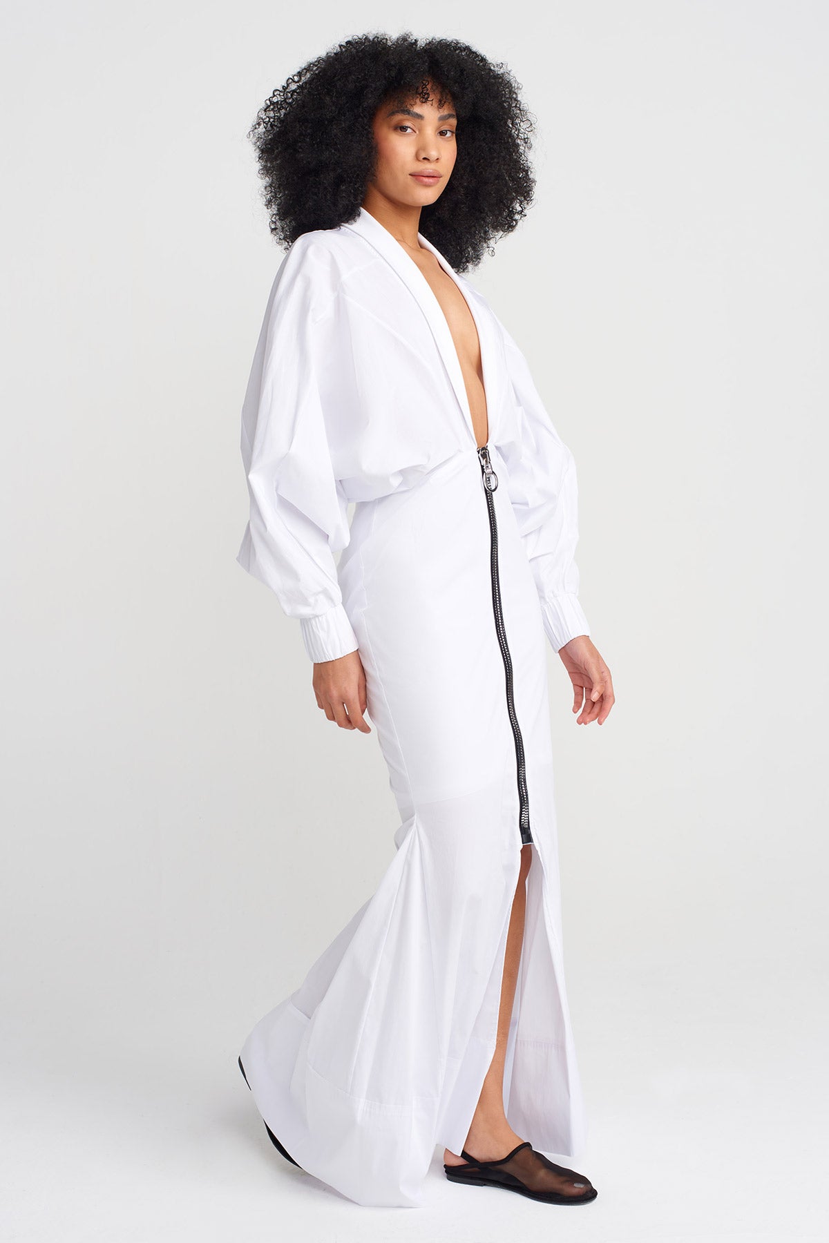 Off White Zipped Fitted Waist Dress-Y254014143