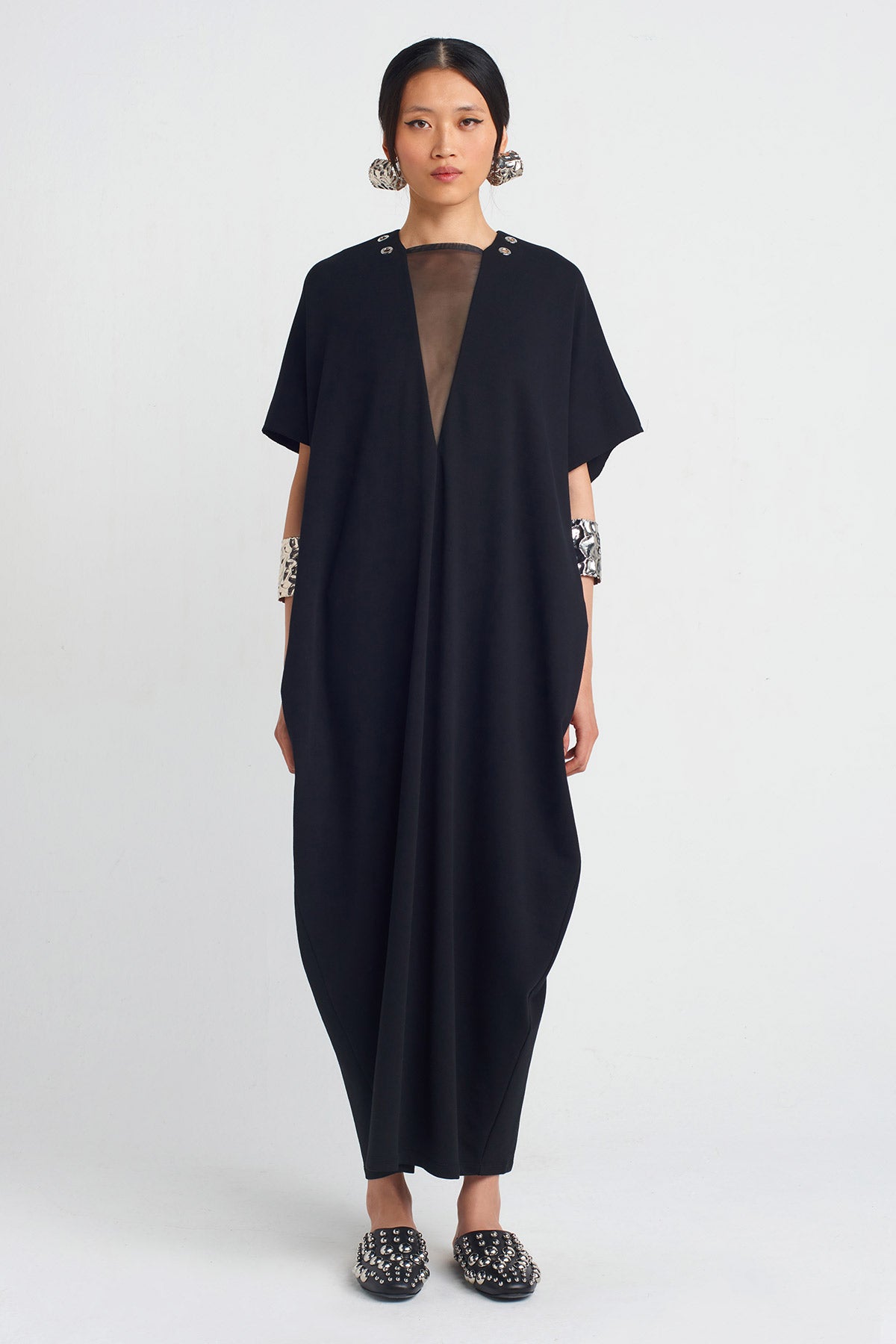 Black V-Neck Loose Dress-Y254014149