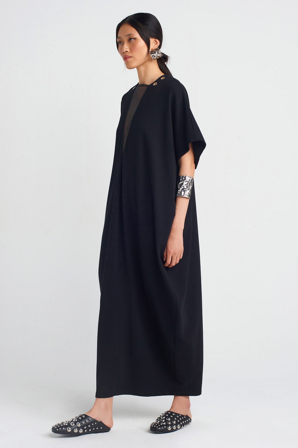 Black V-Neck Loose Dress-Y254014149
