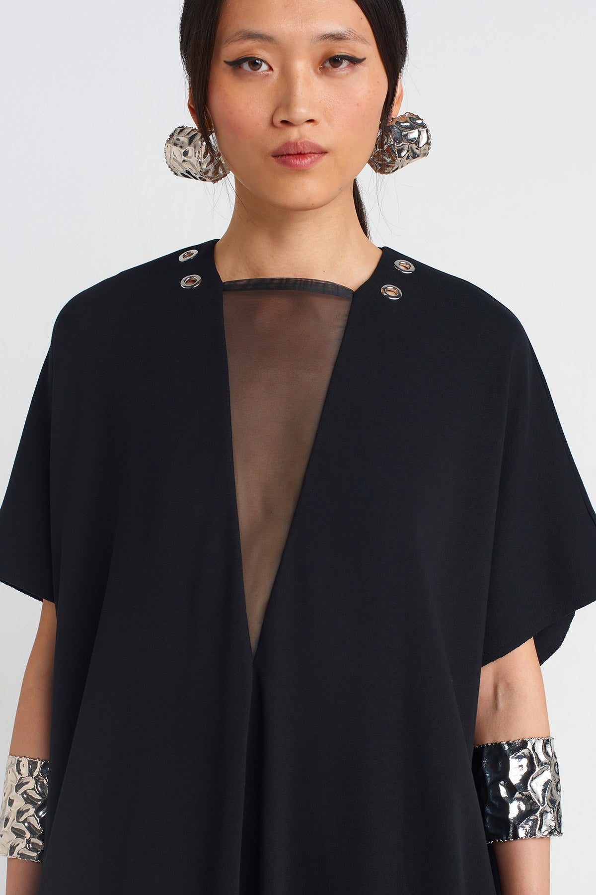 Black V-Neck Loose Dress-Y254014149