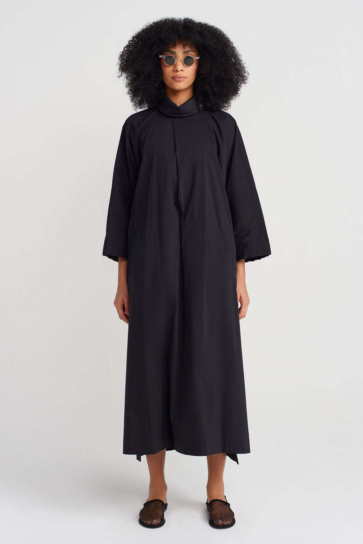 Black High-Neck Poplin Dress-Y254014159