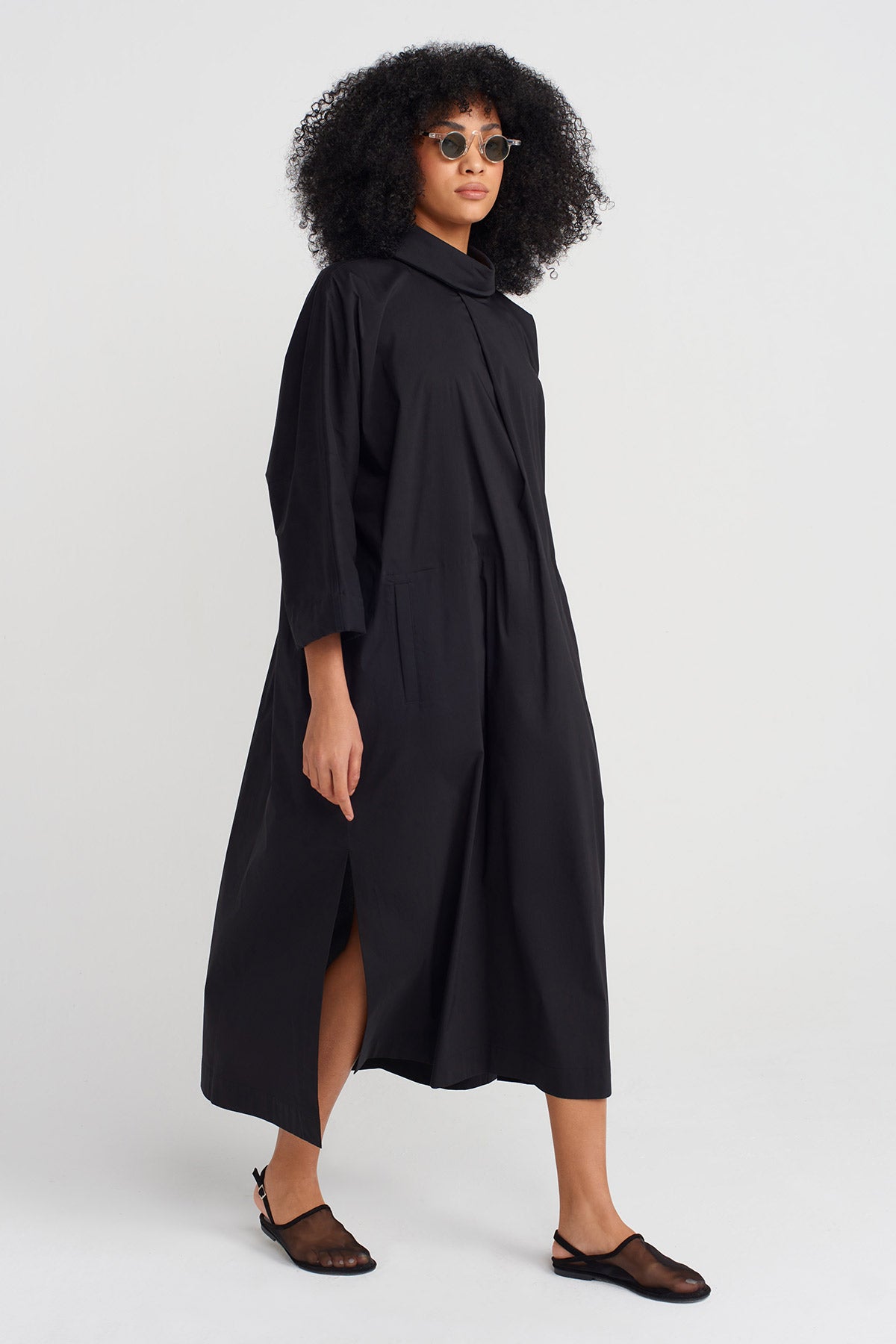 Black High-Neck Poplin Dress-Y254014159