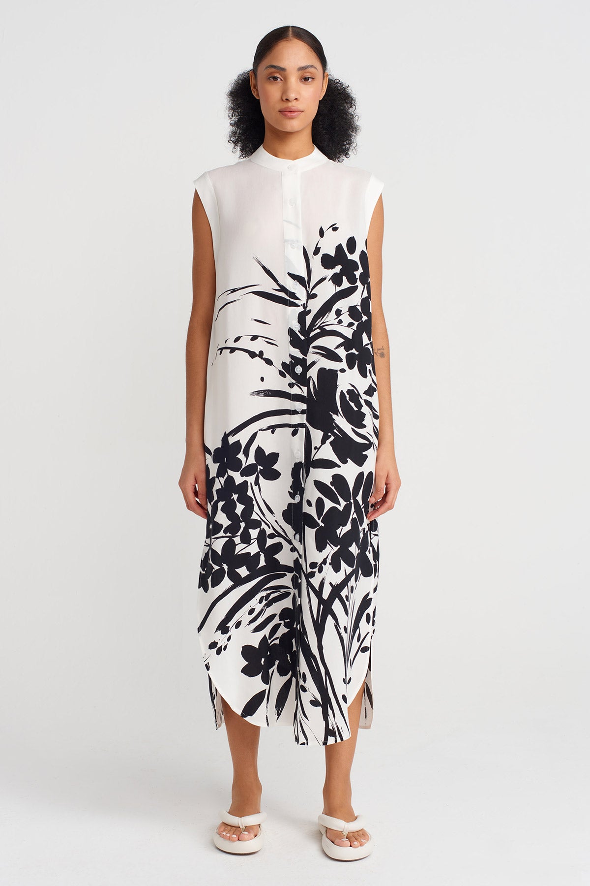 Off White/Black Patterned Sleeveless Dress-Y254014170