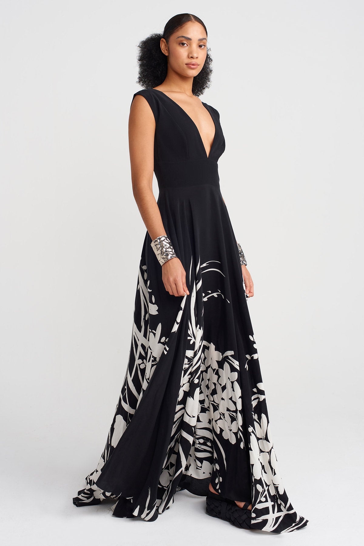 Black/ Off Whıte Patterned, V-neck Elegant Dress-Y254014184
