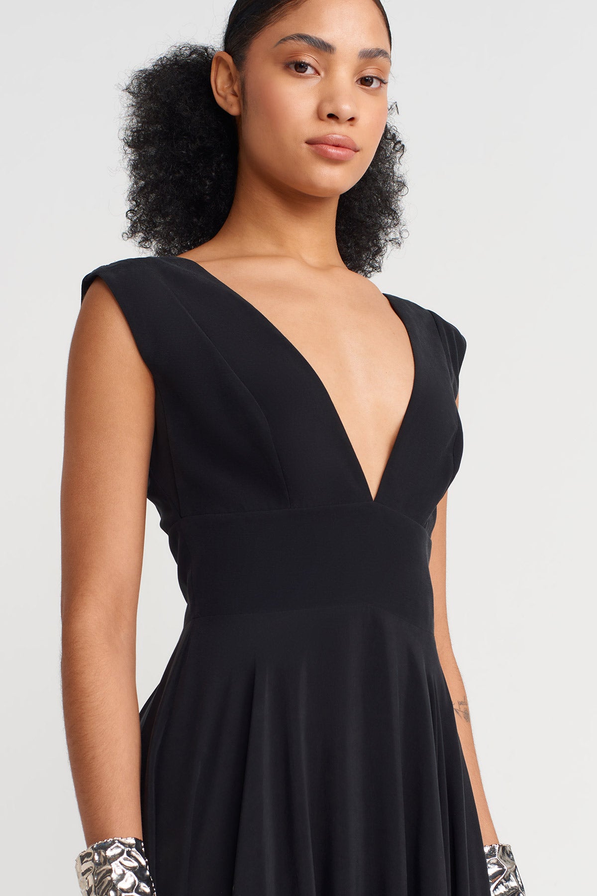 Black/ Off Whıte Patterned, V-neck Elegant Dress-Y254014184