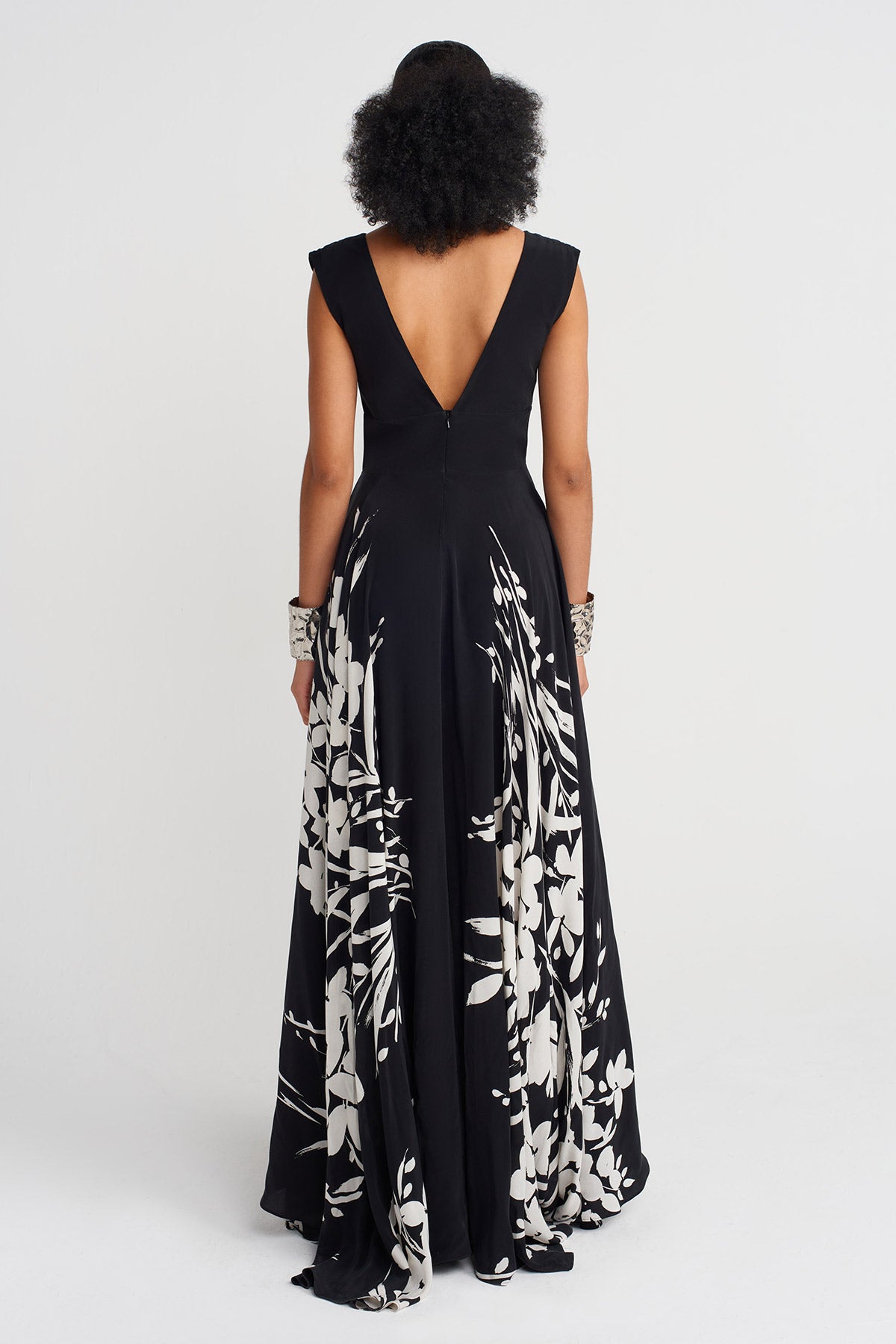 Black/ Off Whıte Patterned, V-neck Elegant Dress-Y254014184