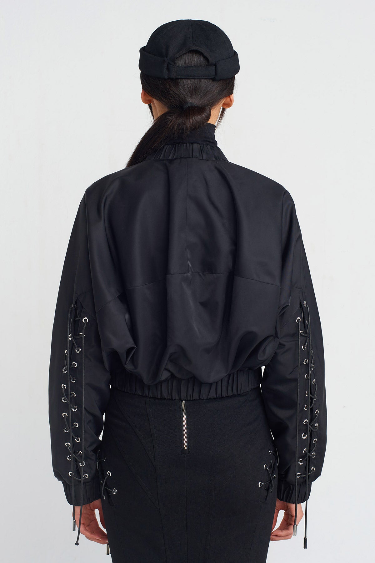 Black Eyelet and Lace-Up Detailed Bomber Jacket-Y255015008