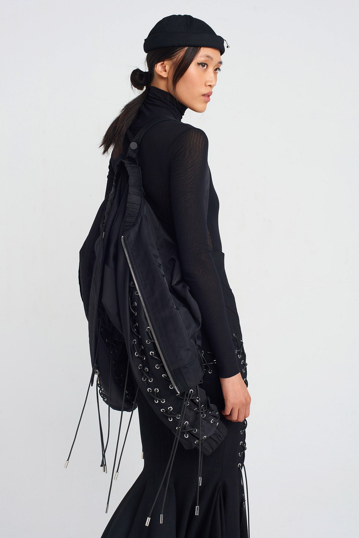 Black Eyelet and Lace-Up Detailed Bomber Jacket-Y255015008
