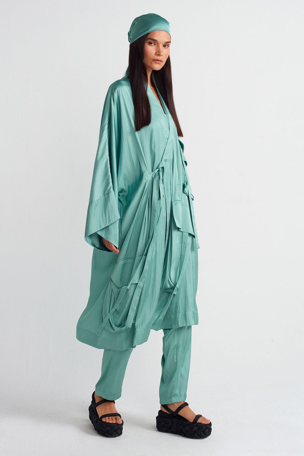 Turquoise Pocket Satin Kimono-Y255015026