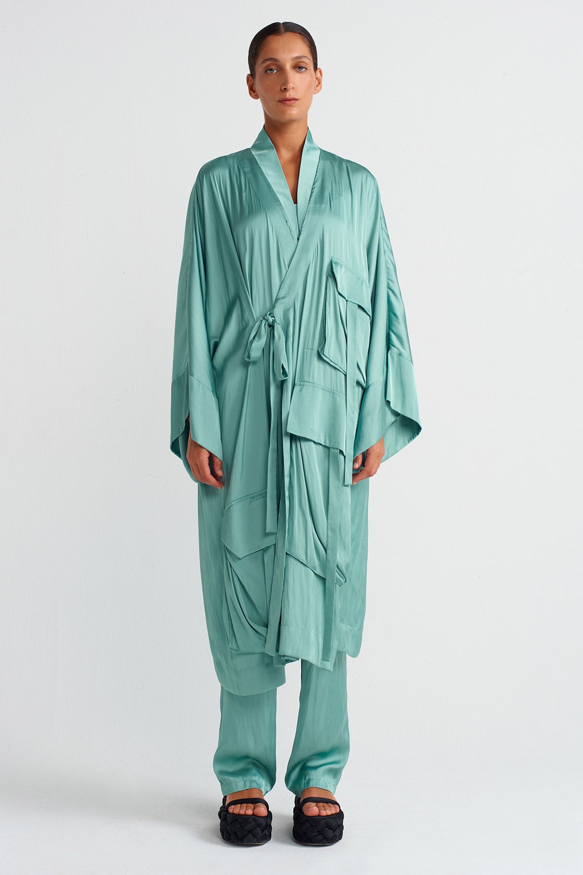 Turquoise Pocket Satin Kimono-Y255015026