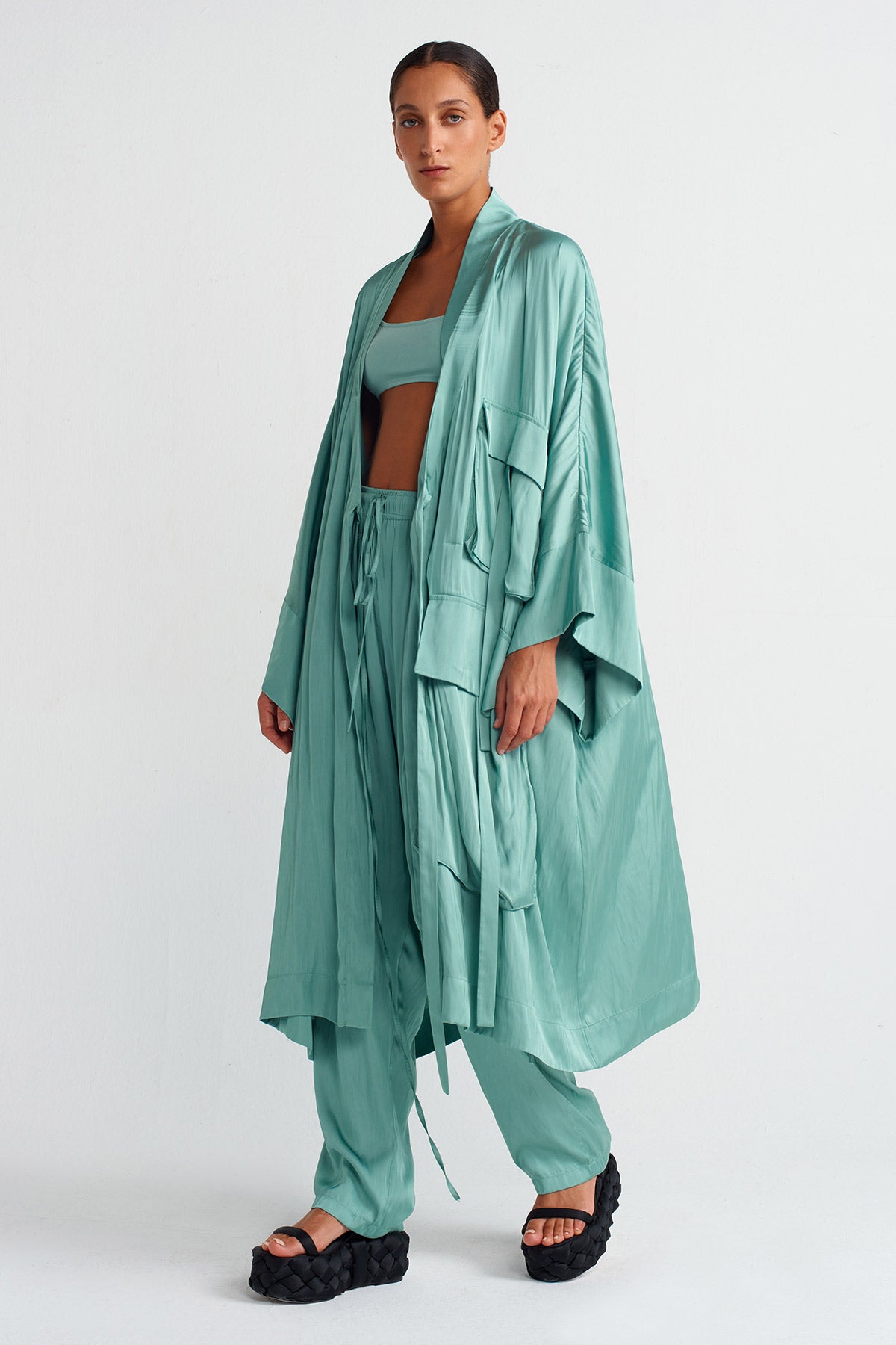 Turquoise Pocket Satin Kimono-Y255015026