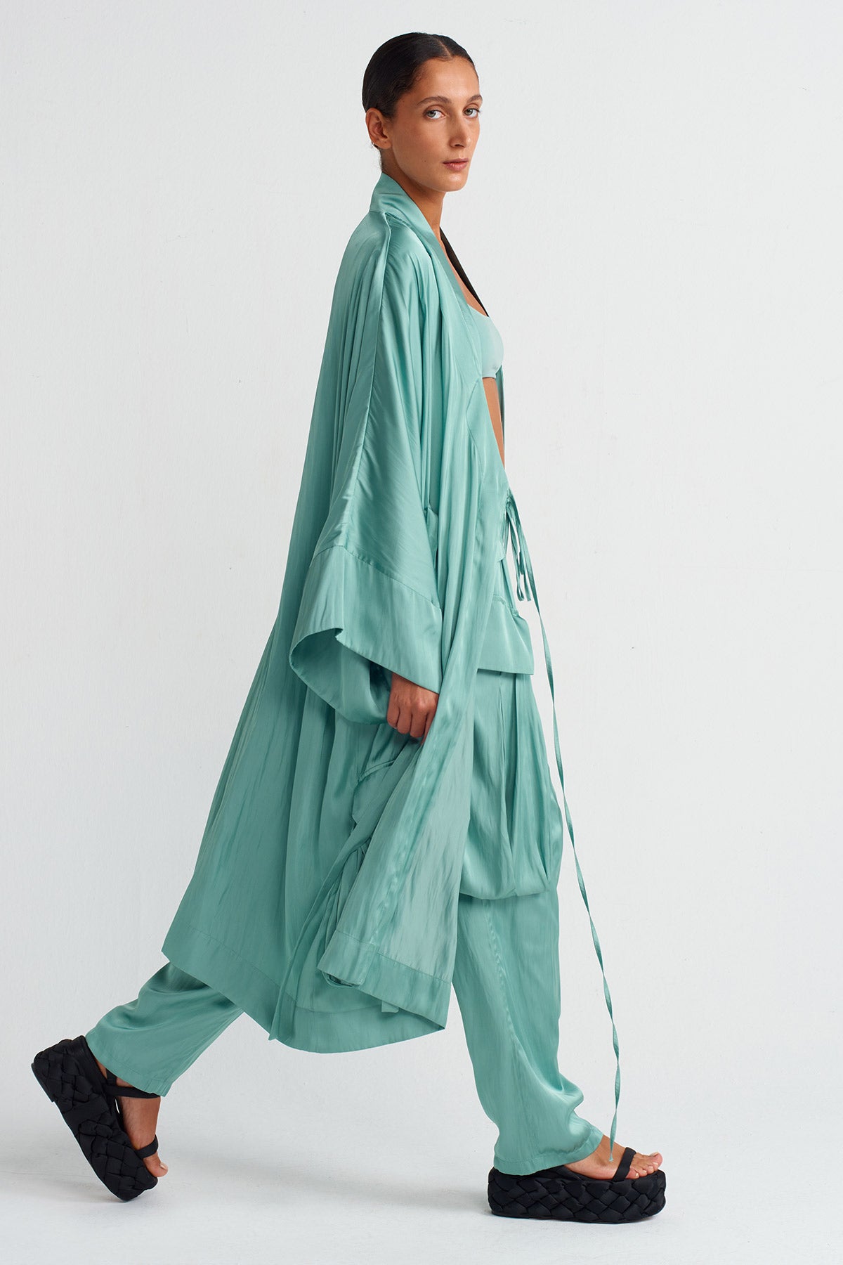Turquoise Pocket Satin Kimono-Y255015026