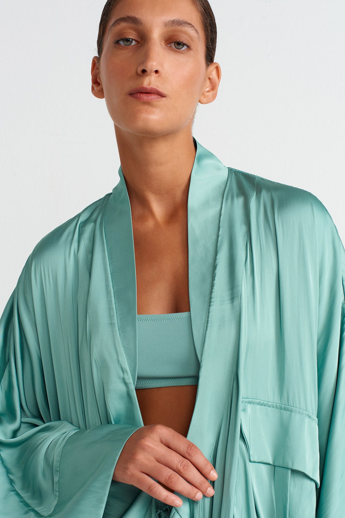 Turquoise Pocket Satin Kimono-Y255015026