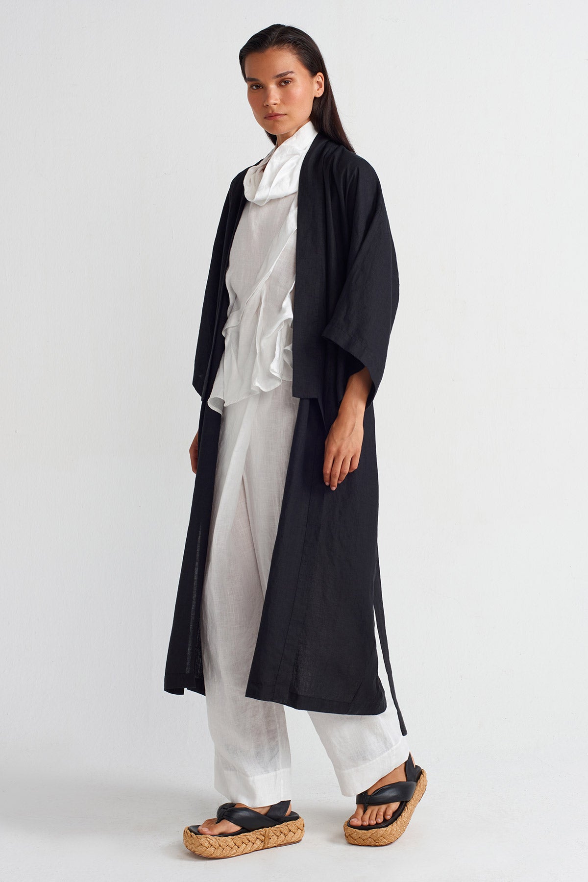 Black Long Linen Kimono-Y255015042