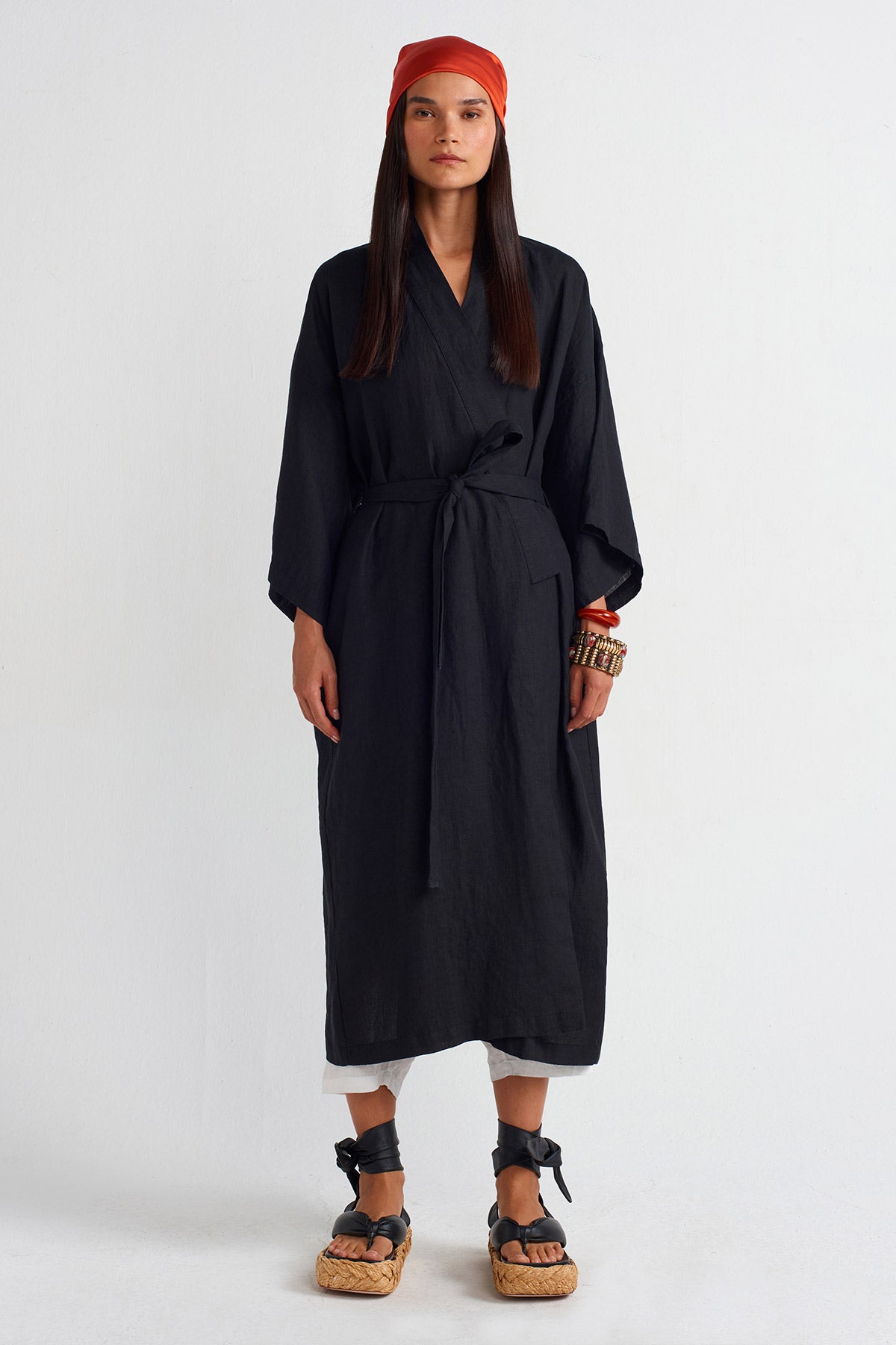 Black Long Linen Kimono-Y255015042