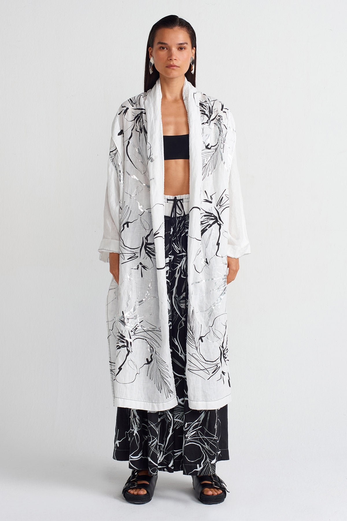 White / Black Printed Linen Long Kimono-Y255015044