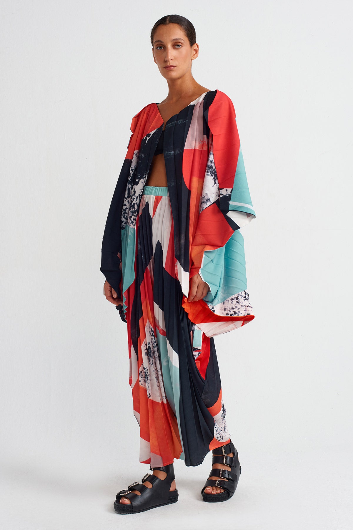 Printed Pleated Cardigan-Y255015047