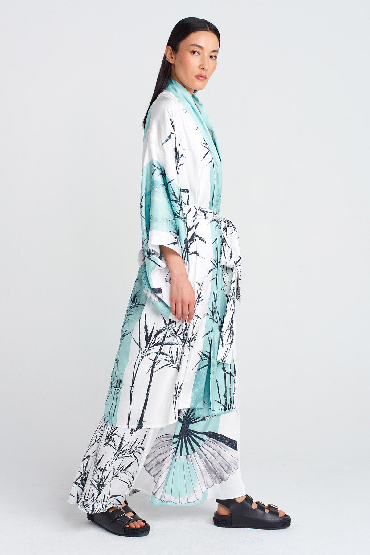 Printed Printed Satin Kimono-Y255015067