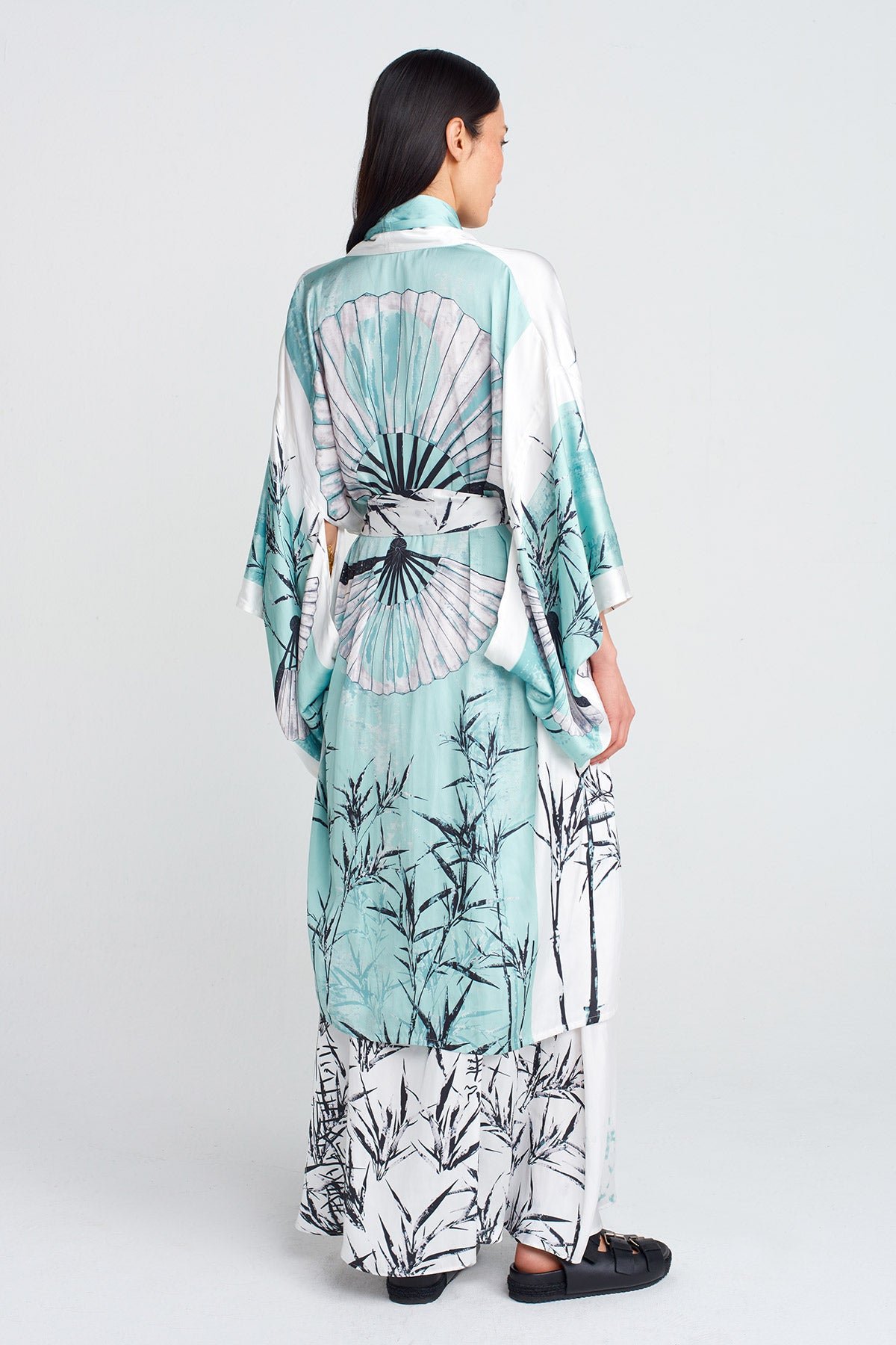 Printed Printed Satin Kimono-Y255015067