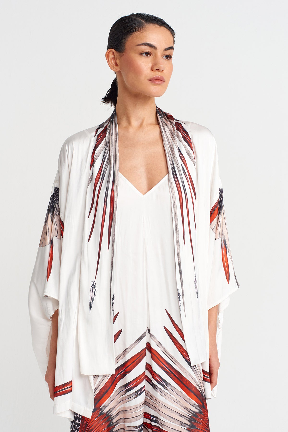 Off White Printed Short Kimono-Y255015088