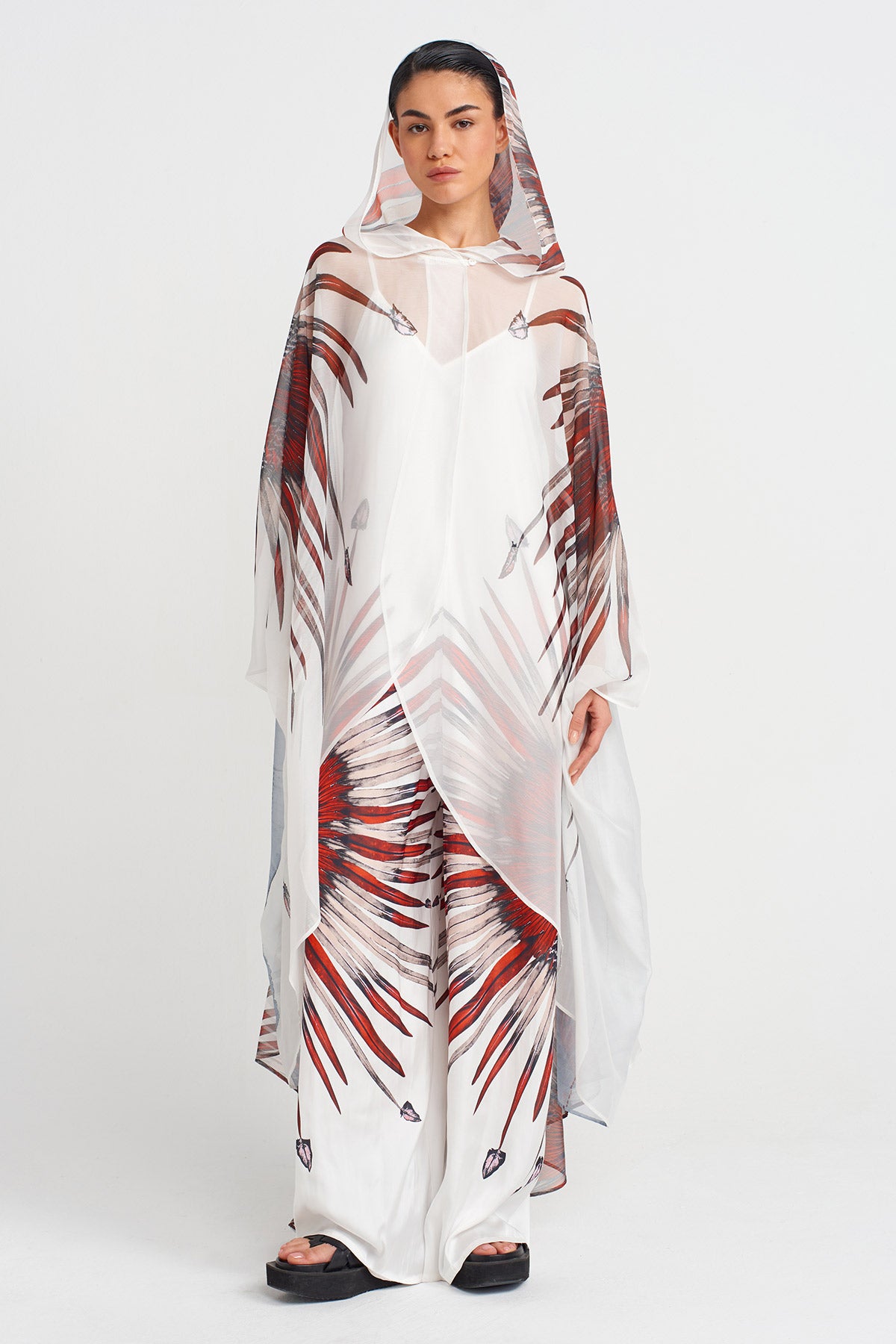 Off White Printed Chiffon Cape-Y255015089