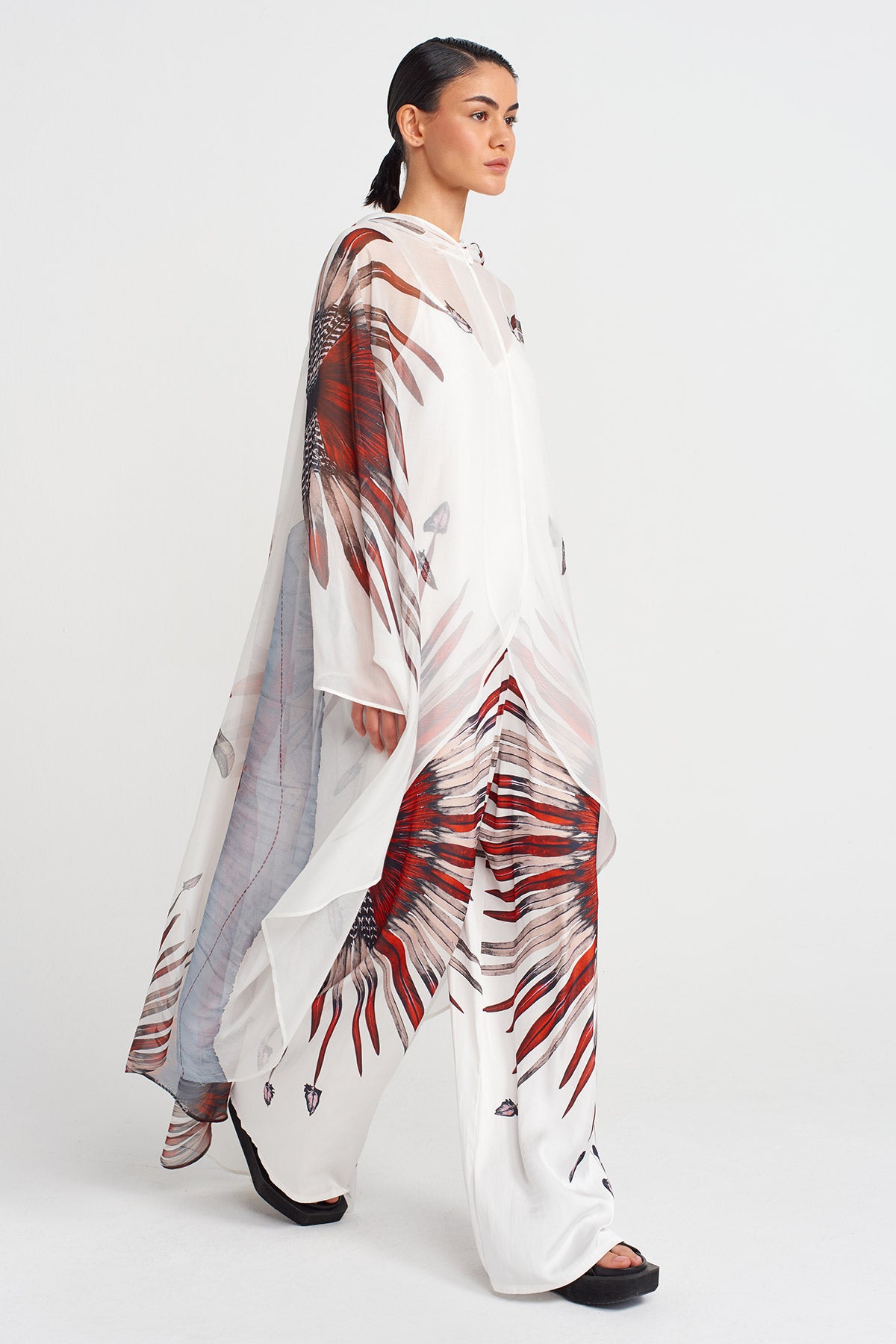 Off White Printed Chiffon Cape-Y255015089